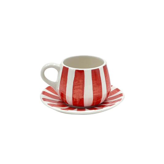Tazza da caffè e piattino a strisce rosse