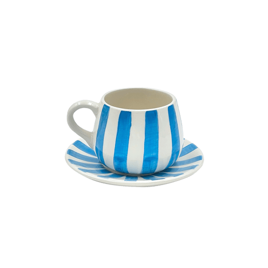 Tazza da caffè e piattino a righe azzurre