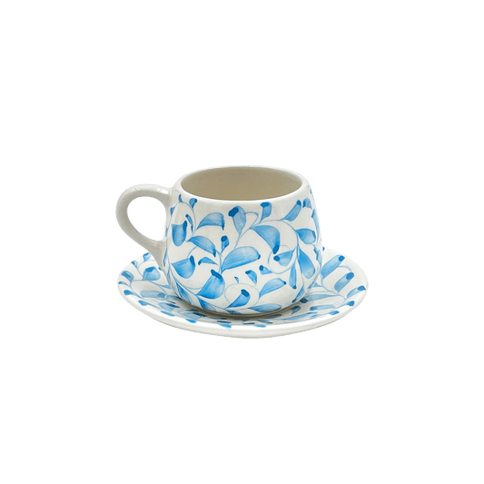 Tazza da caffè e piattino con motivo a pergamena azzurro