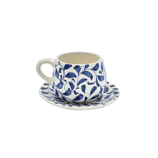 Tazza da caffè e piattino con motivo a pergamena blu navy